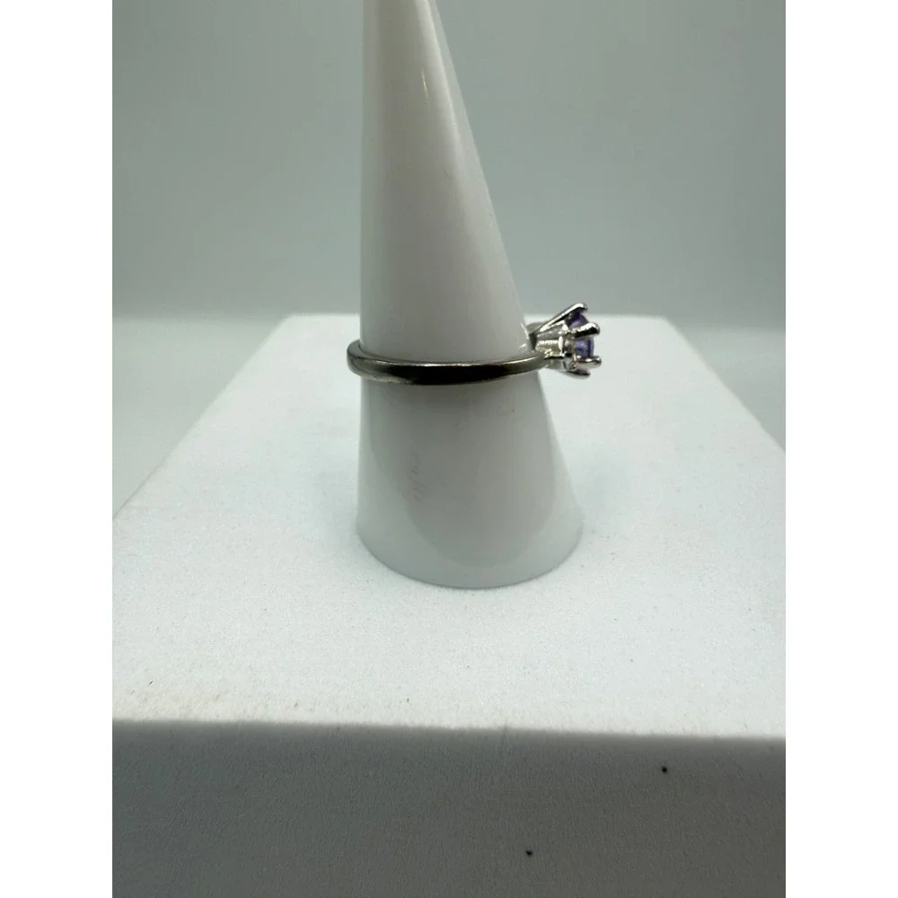 Silver Tone Three Stone Purple and Clear Round Cut Ring Size 8.75